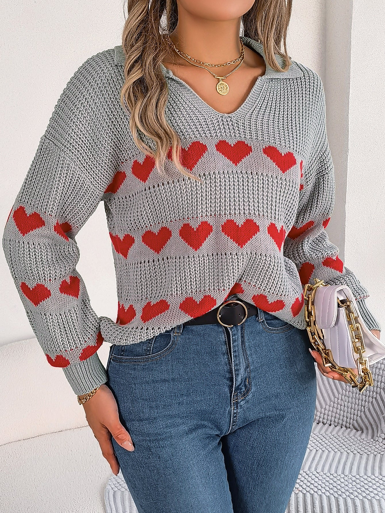 Women Casual V-Neck Lantern Sleeve Color Block Heart Pullover Sweater