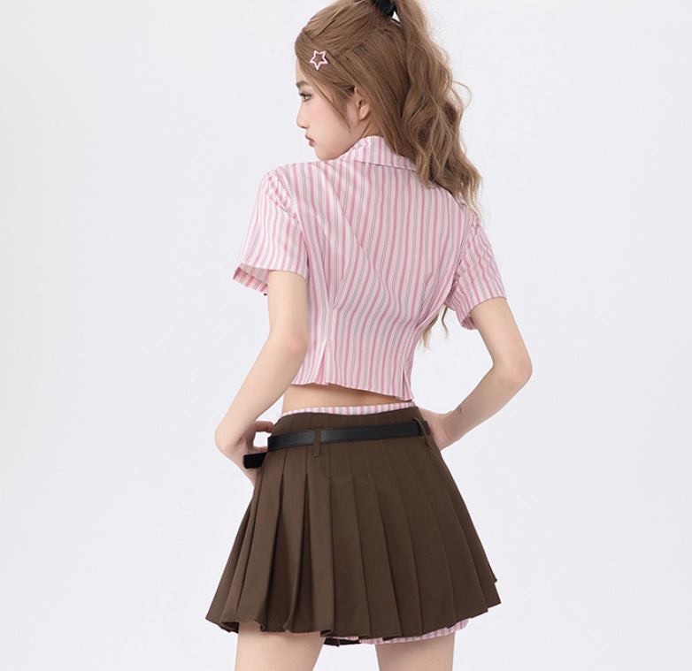Japanese College Style Striped Tie Short Shirt