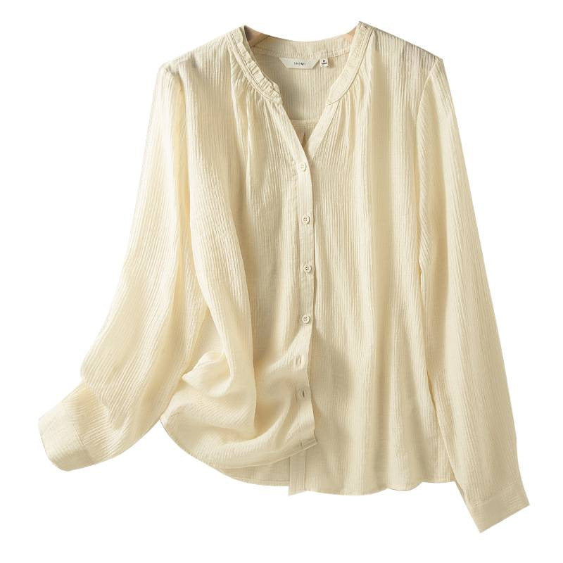 Womens Long Sleeve V Neck Loose Fit Button Up Shirt