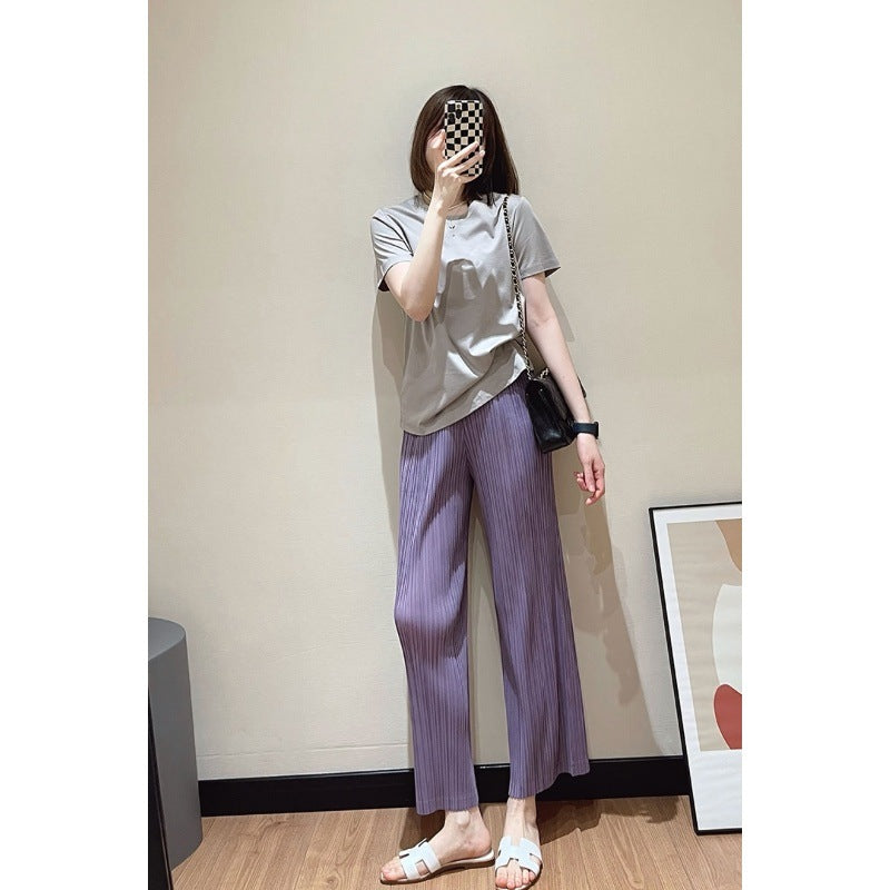 Women's Solid Color Casual Pleated Slim-fit Wide-leg Pants