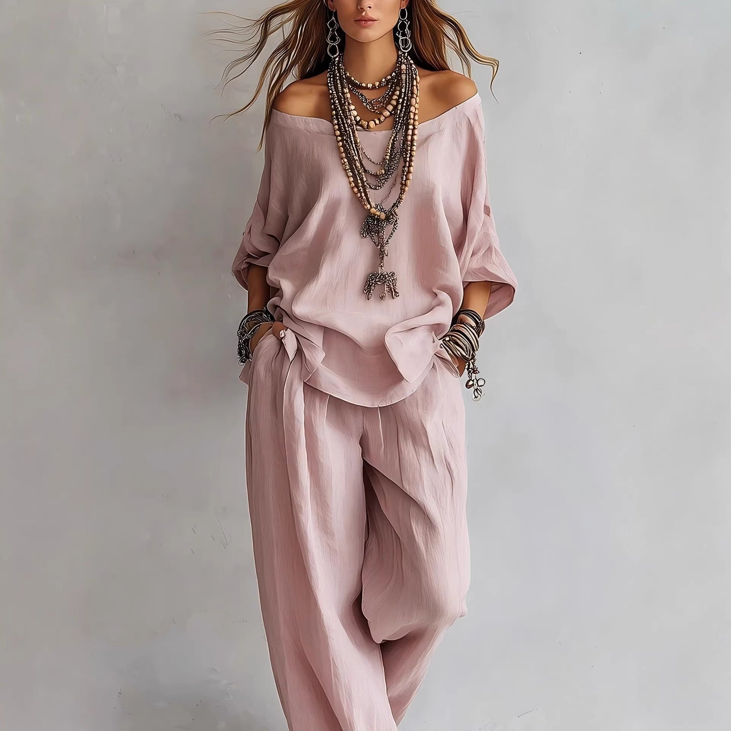 Women's Casual Loose Top And Wide-Leg Pants Set