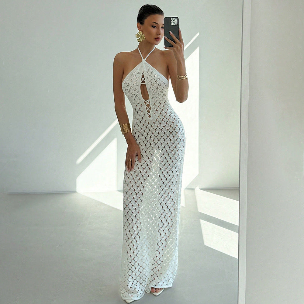 Neck-strap Lace-up Hollow-out Dress For Women