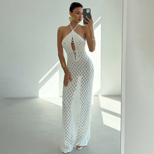 Neck-strap Lace-up Hollow-out Dress For Women