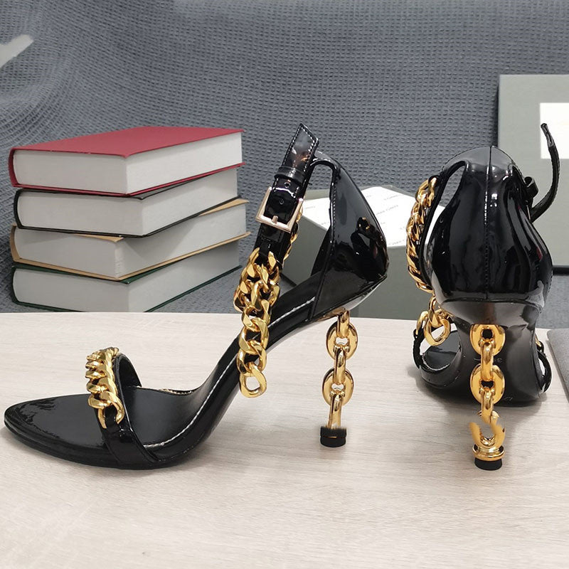 Pure Color Chain Pointed Shallow Mouth Simple High Heel Sandals
