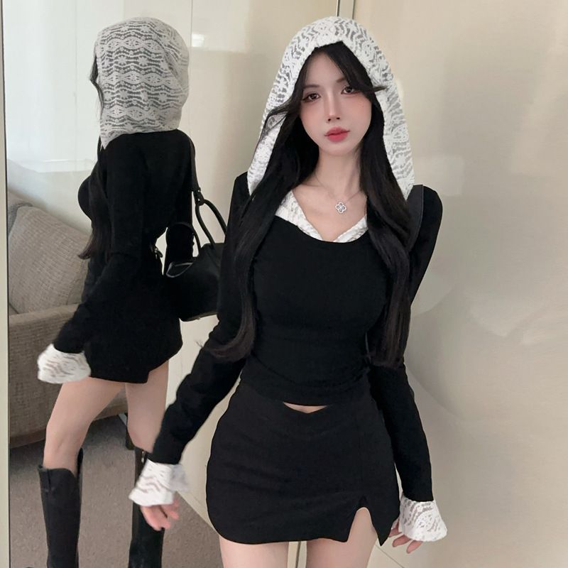 Hooded Lace Long-sleeve Sexy Versatile