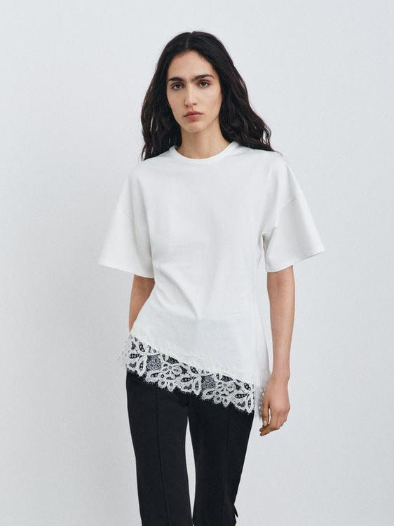 Women's Elegant Designer-Look Short-Sleeve Top With Lace-Patch Hem