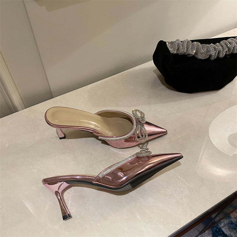 Rhinestone Bow Pointed Toe Half Slippers Women's