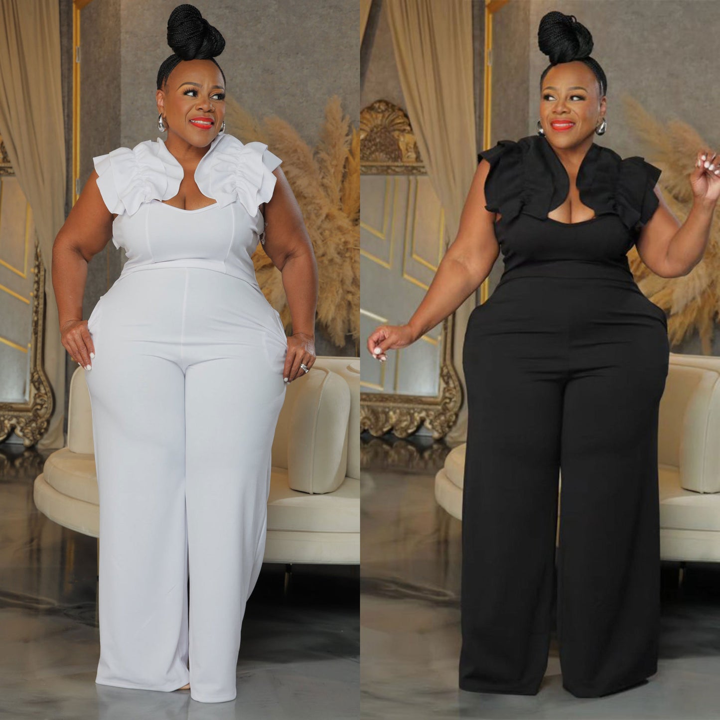 Plus Size Strappy Lace Stretchy Slim Wide Leg Jumpsuit