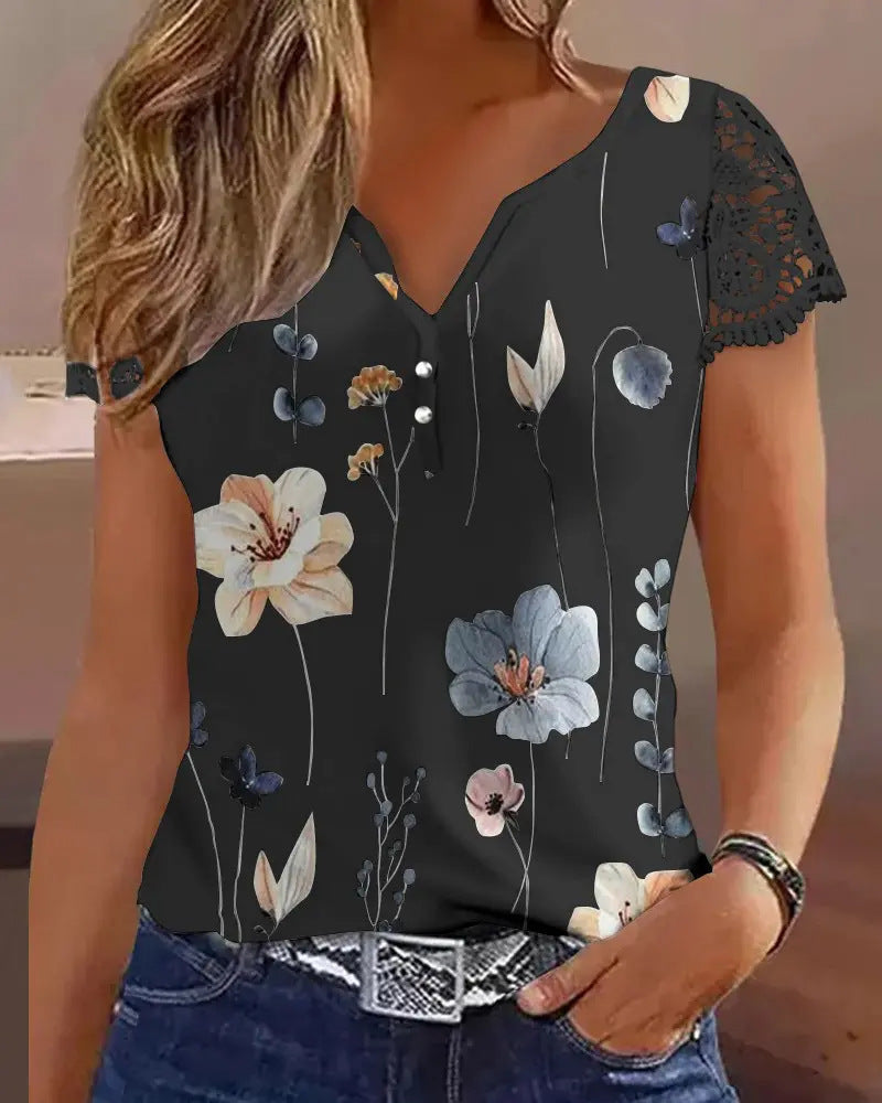 Kvinders trykte kortærmede patchwork blonde T-shirt