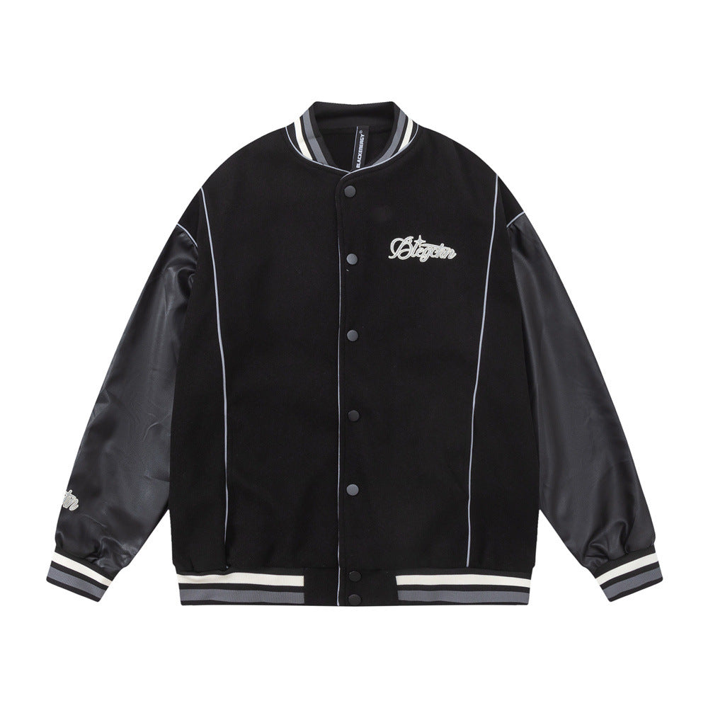 Towel Embroidered Rugby Pattern Leather Sleeve Stitching Jacket Coat
