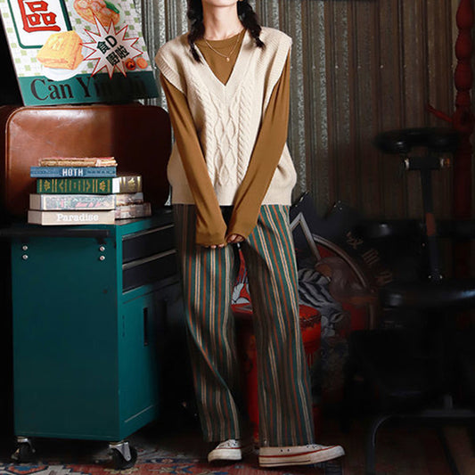 Green Vertical Striped Wide Leg Pants For Women With High Waist