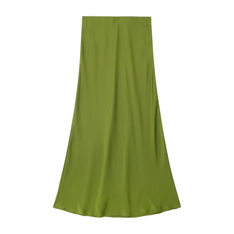 Solid Color Slim Silk Satin Texture Midi Skirt
