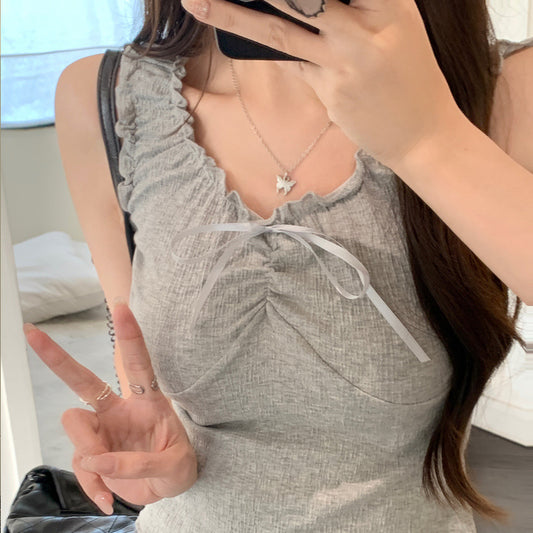 Camisole Wooden Ear Bow Flounce Trim Lace Up Vest For Women