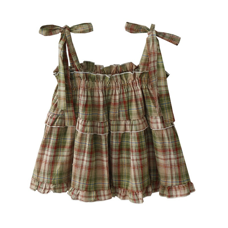 Summer New Mori Girl Bow Tie-neck Plaid Spaghetti-strap Camisole Top Women