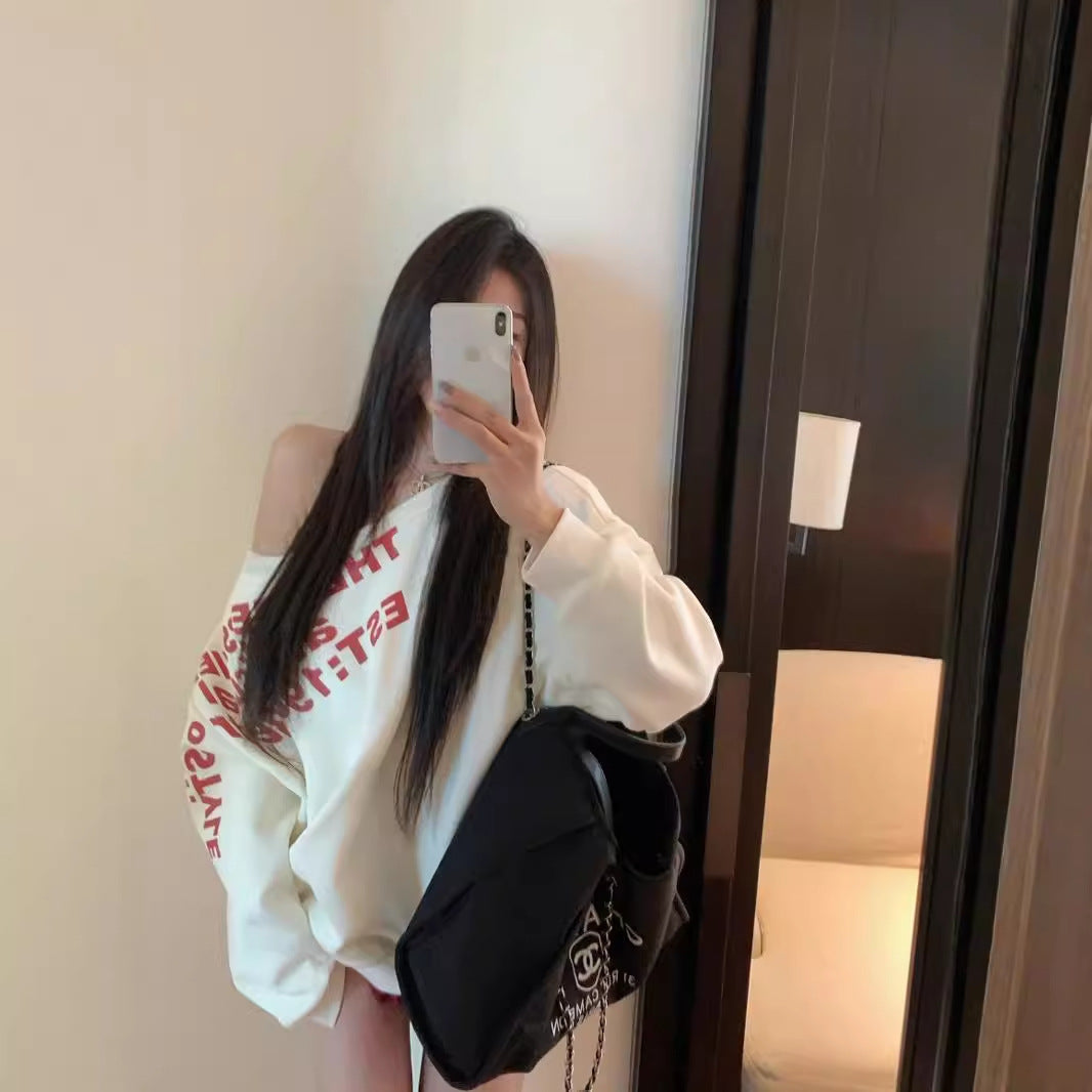 American Hot Girl Letter Printing Gray Sweater