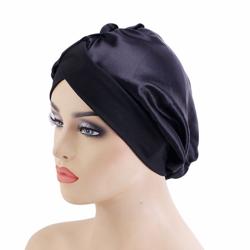 Solid Color Cross-Brim Satin Nightcap Hair Care Hat