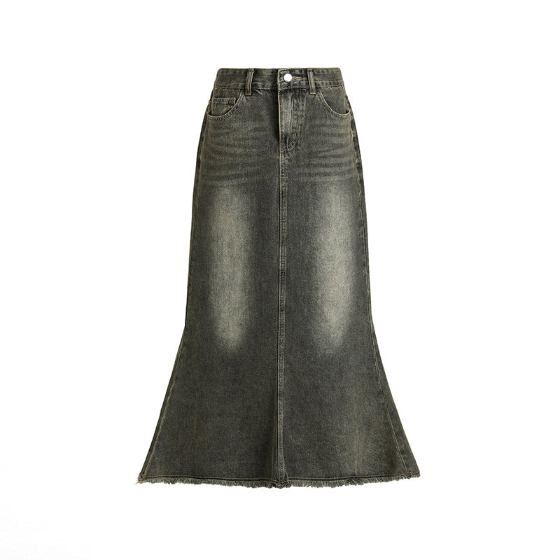 Sort denim fiskehale nederdel til kvinder