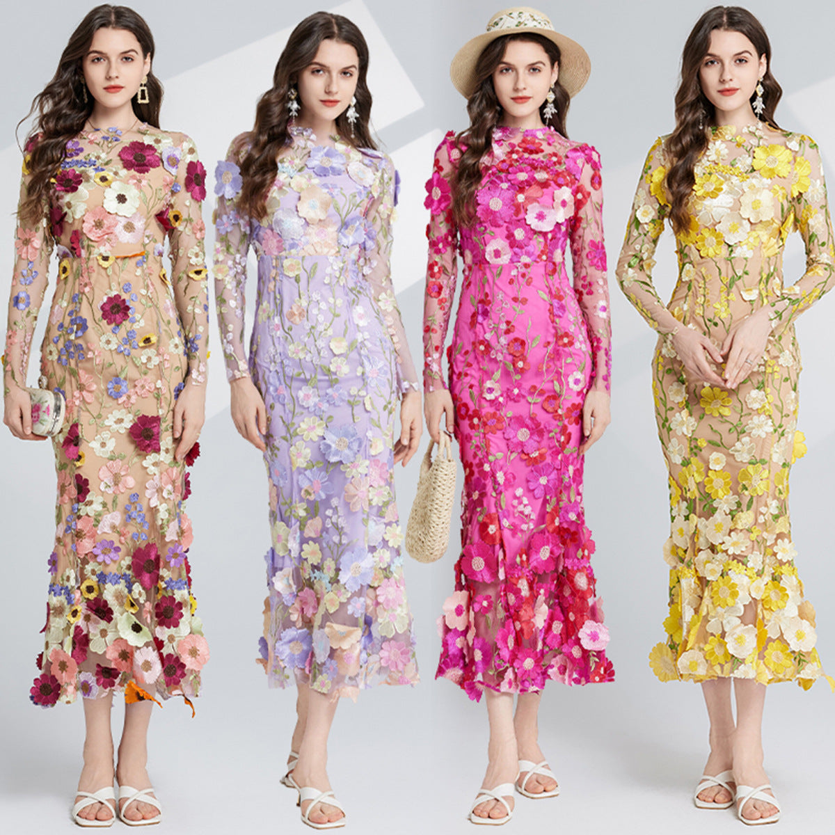 Dress Elegant Embroidered 3D Flower Design, Defined Waistline Long Sleeves