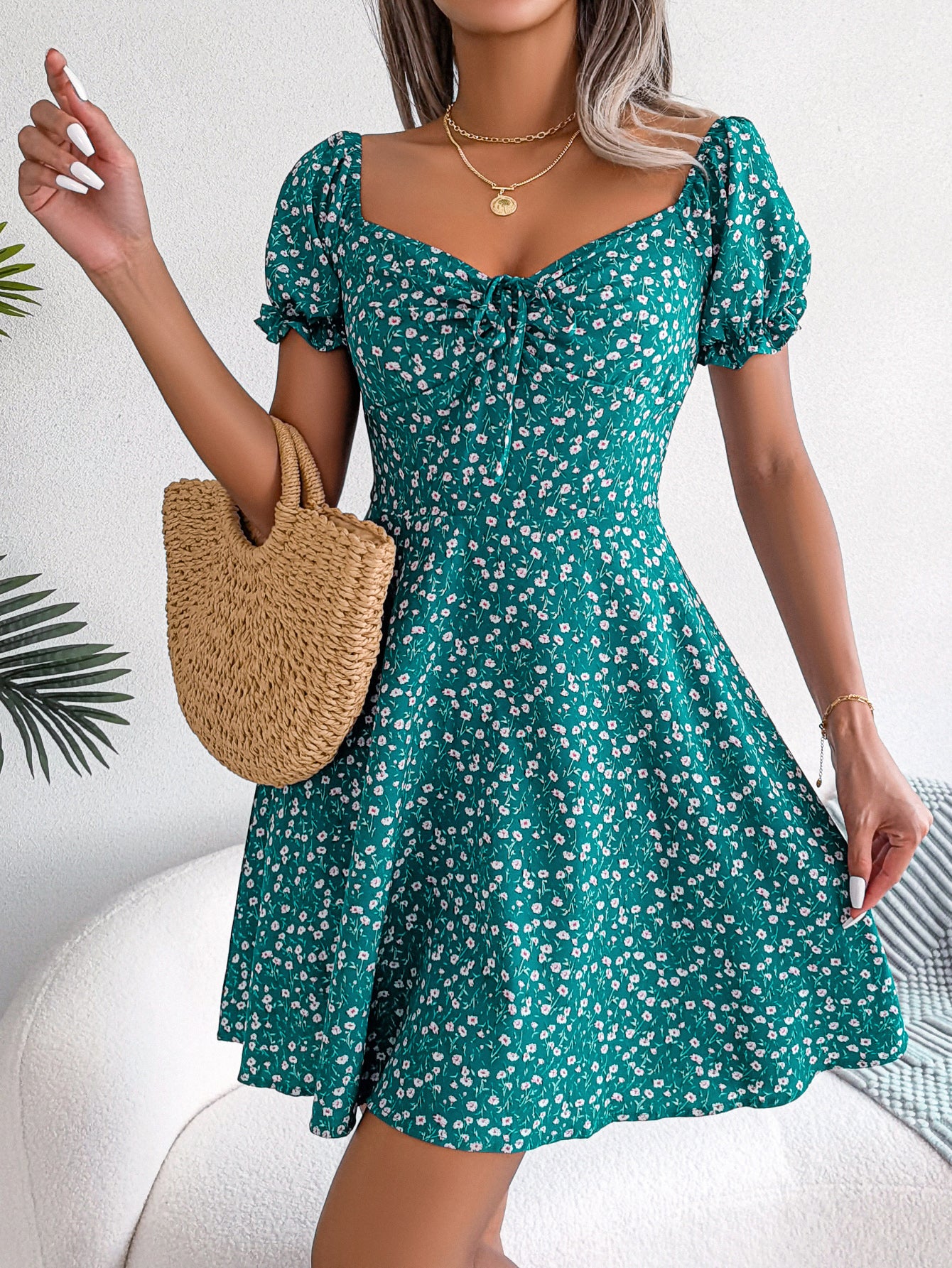 Women   Casual Bell Sleeve Drawstring Tie Flowy Floral Print Dress