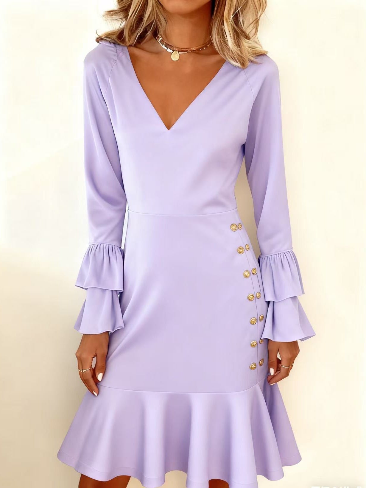 Fashionable Womens Dress With Flared Sleeves And A V-Neck