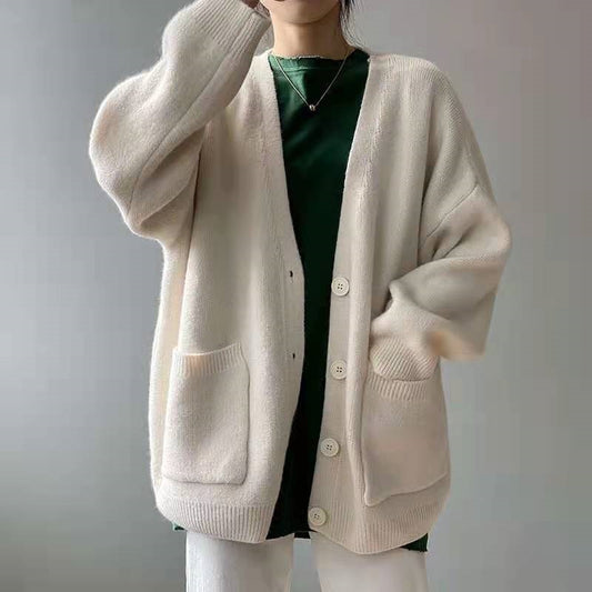 Koreansk preppy stil ensfarvet sweater damefrakke forår og efterår ny løs strikket cardigan