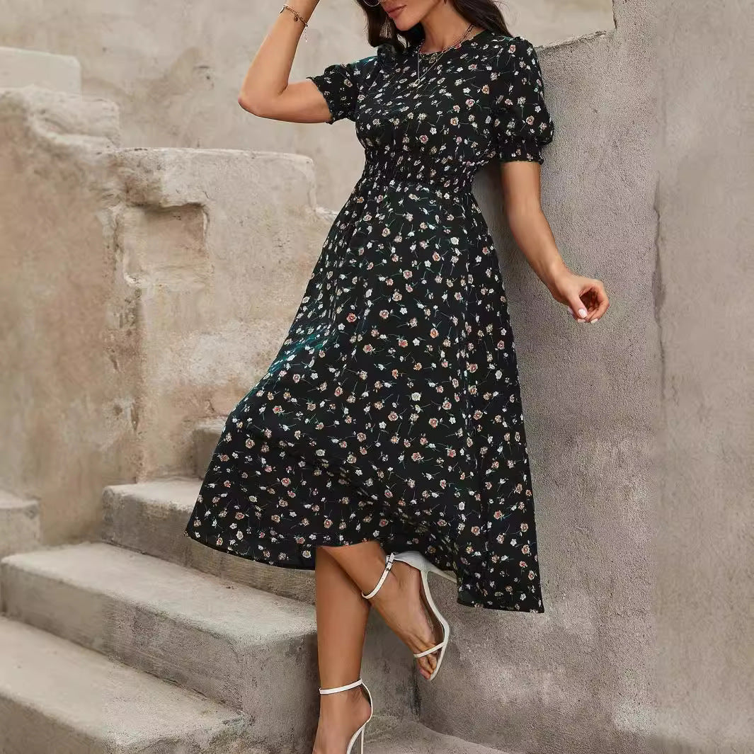 Round Floral Pattern High Waist Slim Long Dress