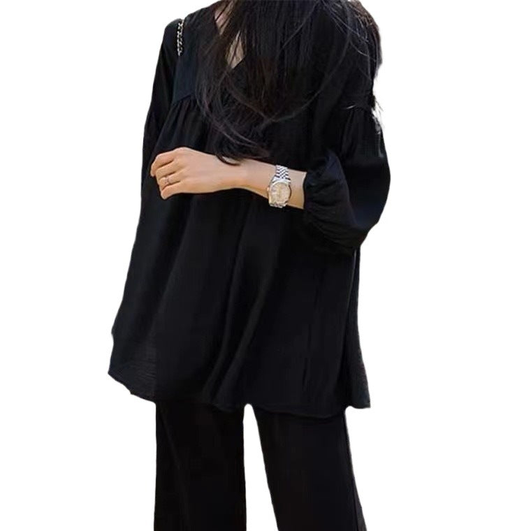 Womens Solid-Color V-Neck Three-Quarter Sleeve Shirt