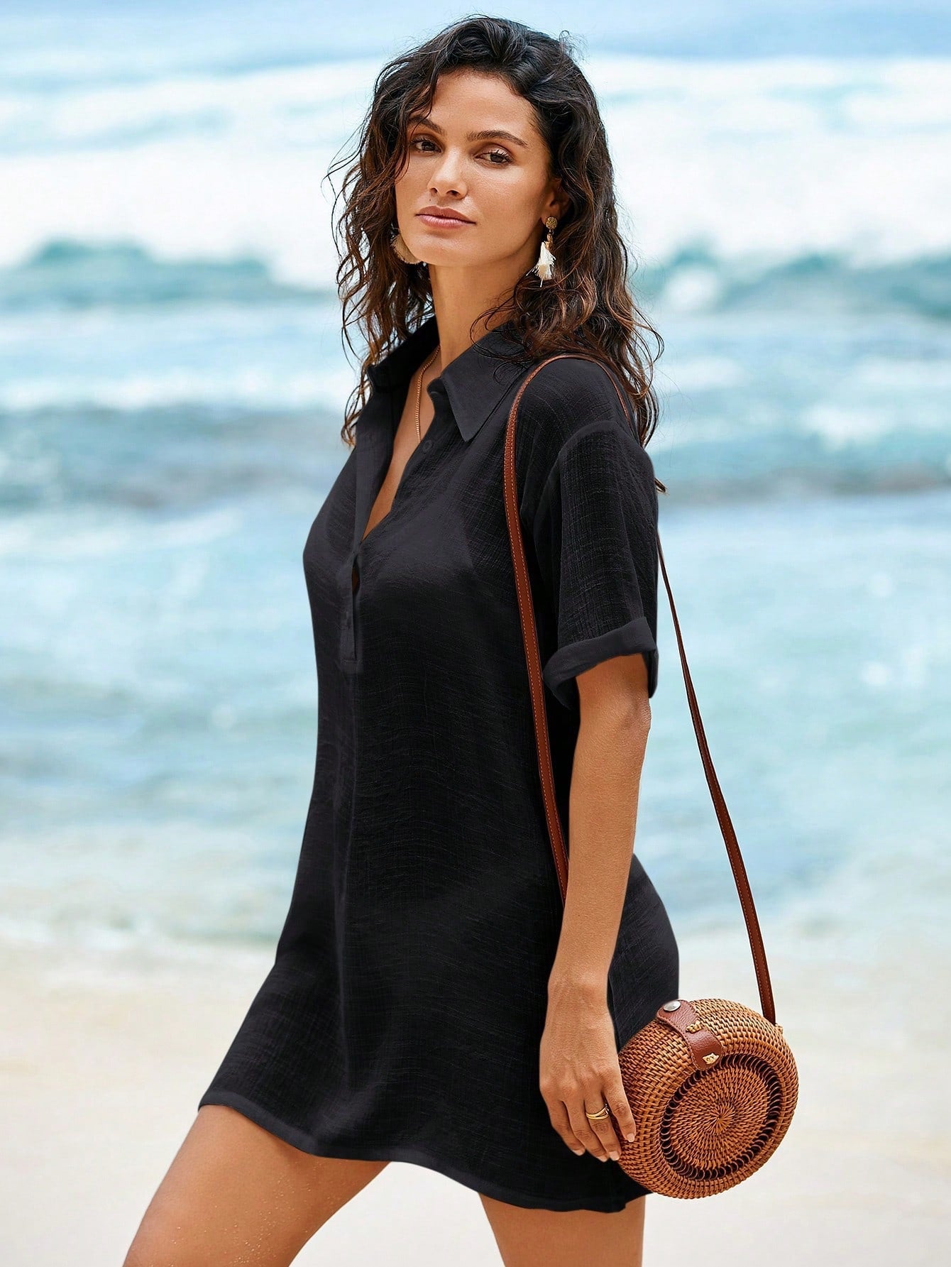 Womens Casual Loose-fitting Solid-color Shirt Dress