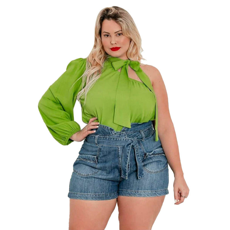 Solid-color Off-shoulder Long-sleeve T-shirt Plus-size Top