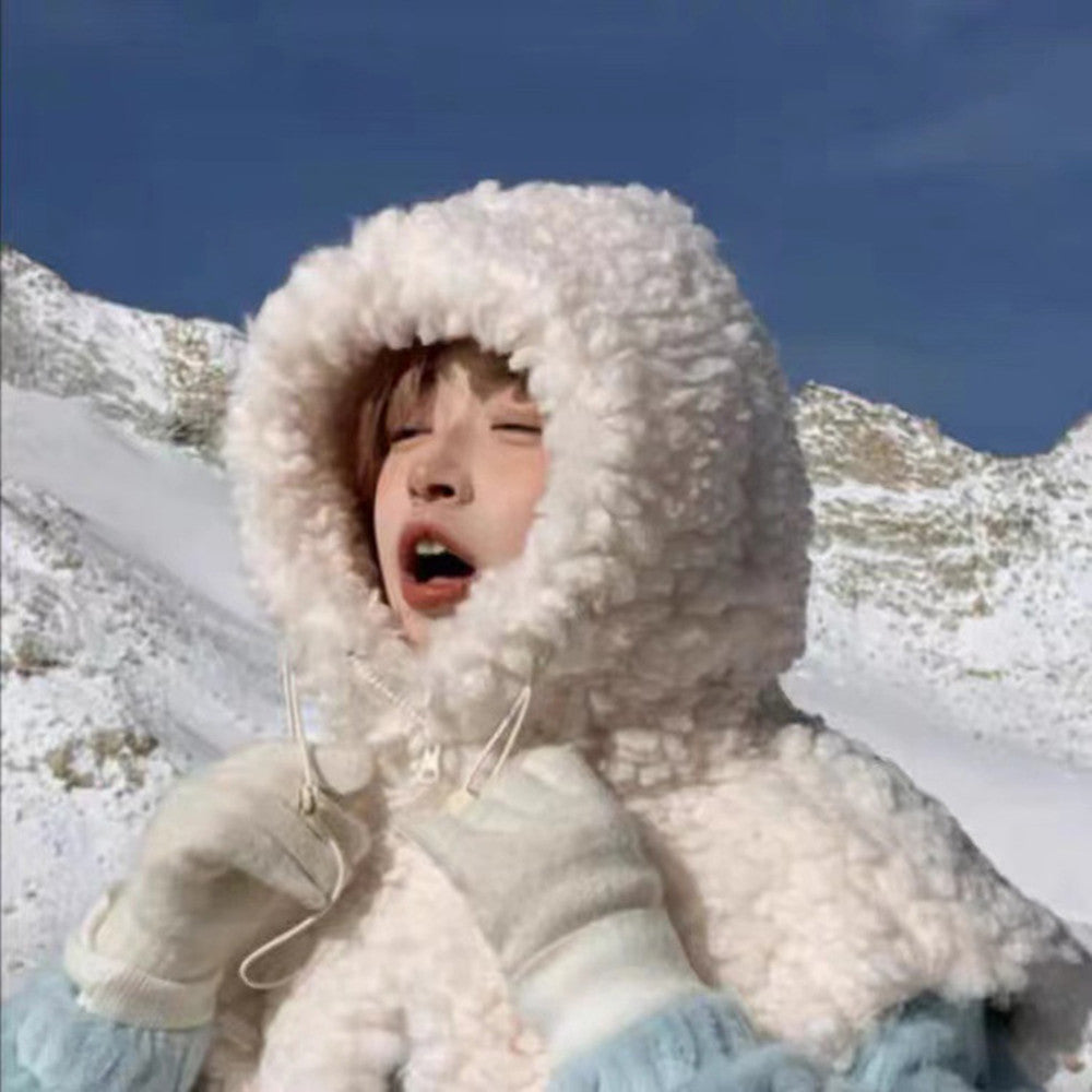 Cute And Sweet Lamb Fur Plush Hooded Shawl