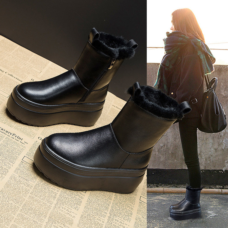 Short Boots Women's Plus Velvet Real Fur Warm Snow Cotton Thick Bottom Muffin Leather Medium Tube Simple
