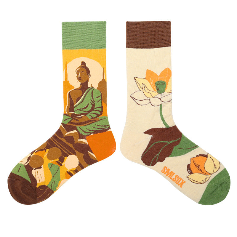 Asymmetrical Color Retro Personality Male And Female Couple Mid-length Cotton Socks