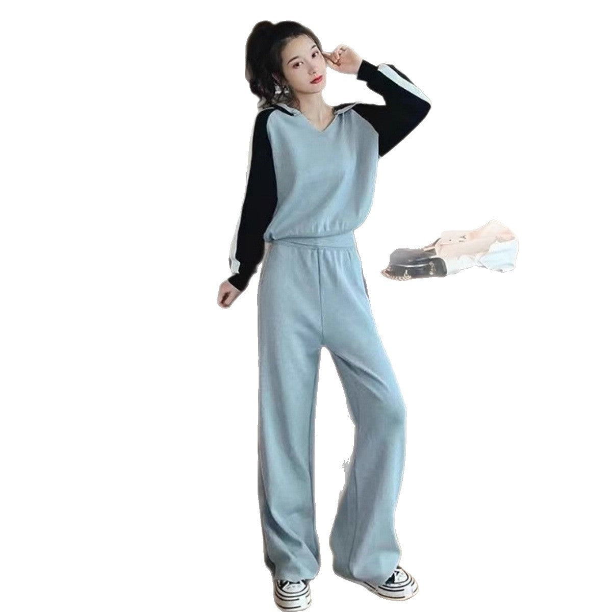 V-neck Hooded Sweater Loose Wide Leg Pants Anti-aging Casual Sports Suit