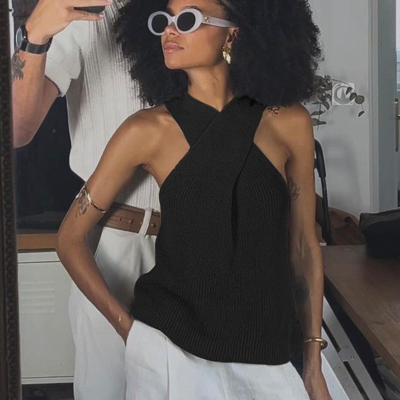 Elegant Cross-halterneck Spaghetti Straps Sleeveless Knitted Vest Top