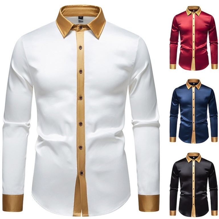 Mens Fashionable Satin-Soft Colorblock Long-Sleeve Shirt