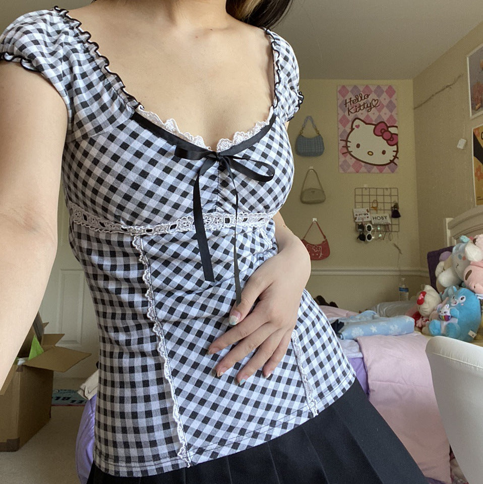 Plaid Lace Knitted Bow Slim Fit Sleeveless T-shirt