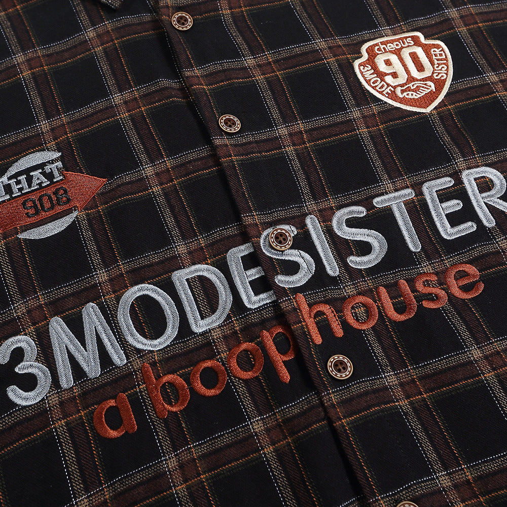Letter Plaid Casual Polo Collar Shirt