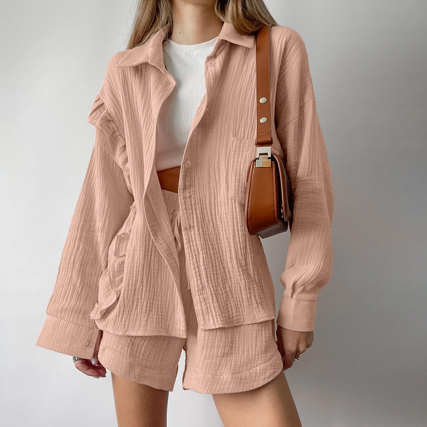 Womens Pure Cotton Pajama Set For FallWinter Long Sleeve Top And Shorts Two Piece Loungewear Set