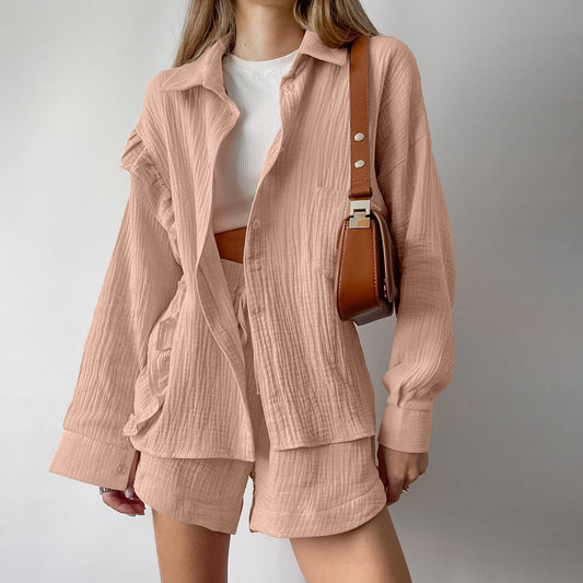 Womens Pure Cotton Pajama Set For FallWinter Long Sleeve Top And Shorts Two Piece Loungewear Set