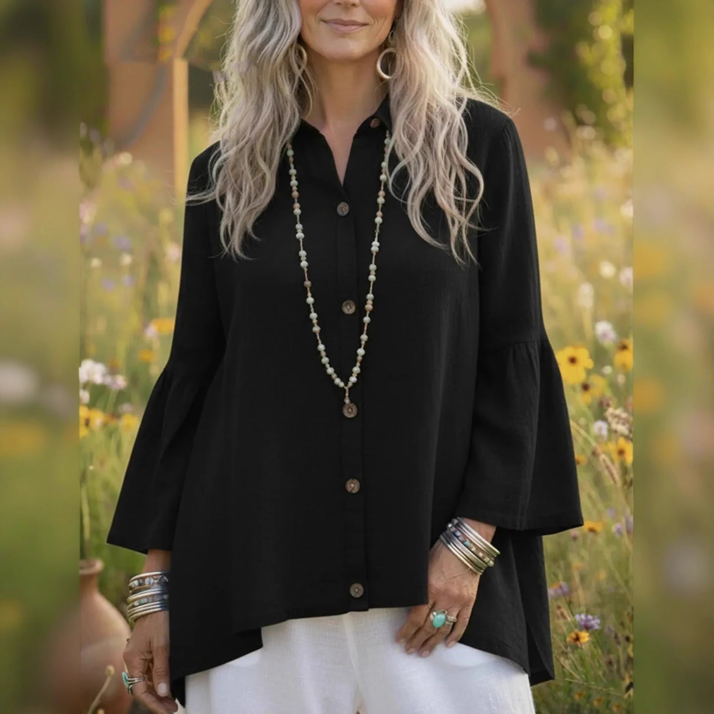 Women's Loose Solid-color Cotton-Linen Flare-sleeve Shirt