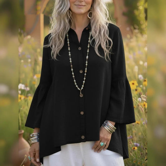 Women's Loose Solid-color Cotton-Linen Flare-sleeve Shirt