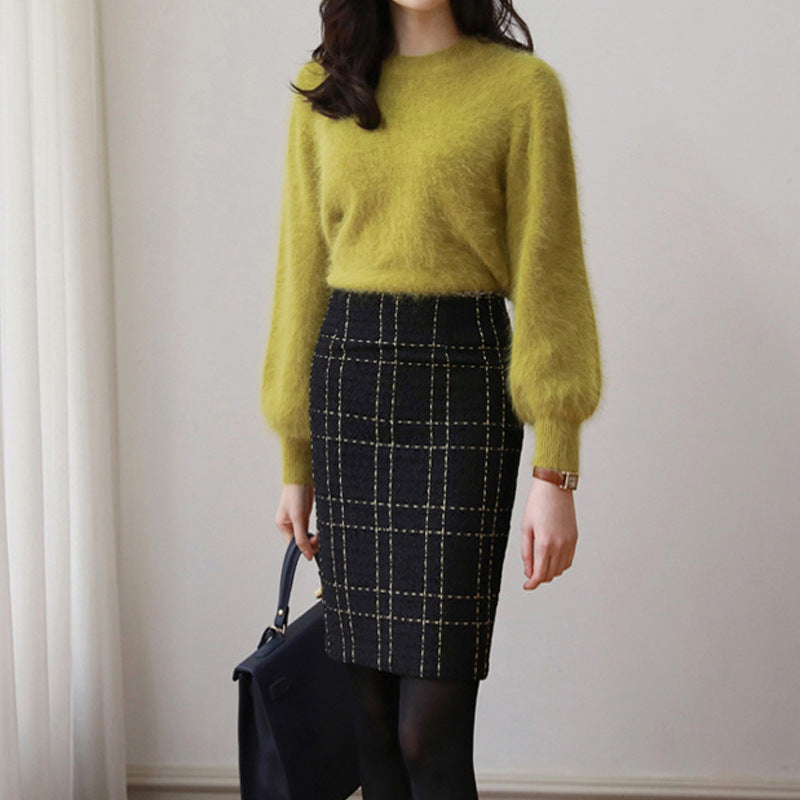 High Waist Plaid Sheath A- Line Slimming Woolen Midi Skirt