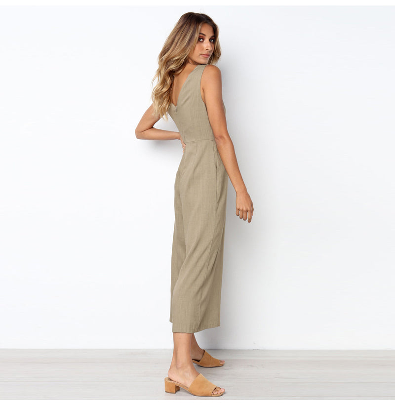 Dacron V-neck Button Backless Jumpsuit