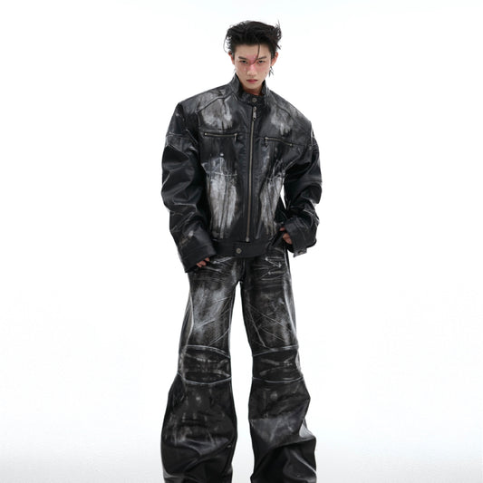 Vintage Distressed Profile Stand-up Collar Jacket