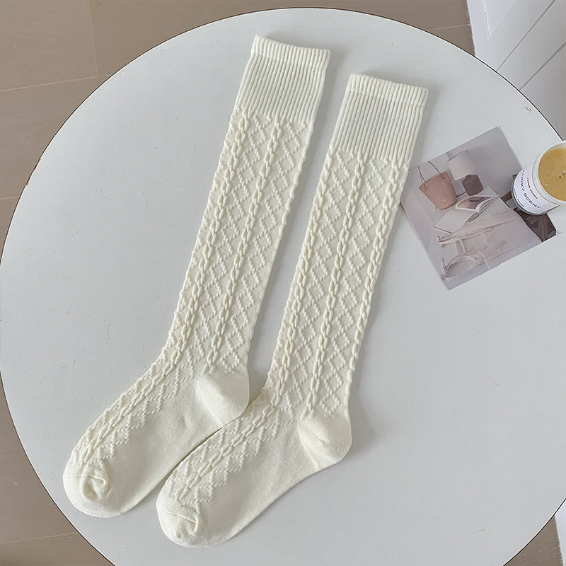 Autumn And Winter Thick Warm Hemp Pattern Solid Color Knee-length Cashmere Socks