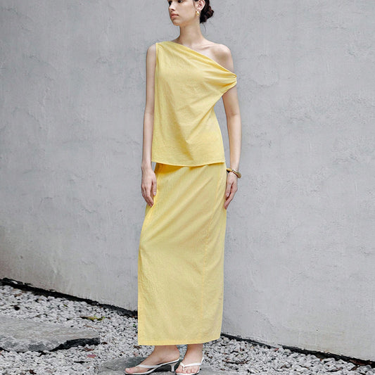 Shoulder Sleeveless Top Straight Skirt Suit Solid Color