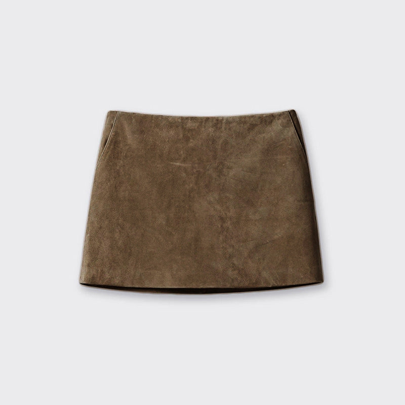Distressed Sheepskin Suede Simple Sheath Skirt