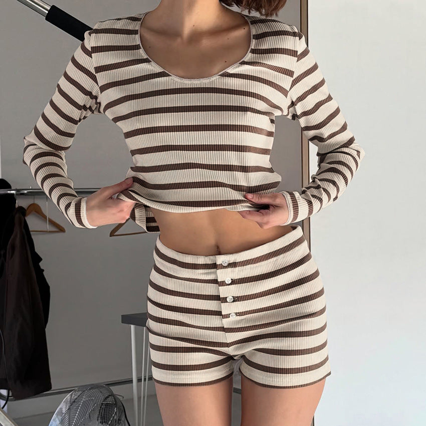 Striped Crew-Neck Long-Sleeve Shorts Knitted Pajama Set For Women