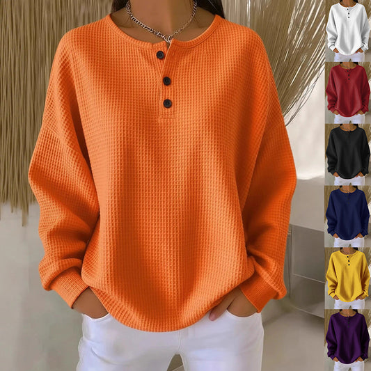 Ins Waffle Langærmet T-shirt Mode Ensfarvet Knapper Rund Hals Pullover Top Damebeklædning