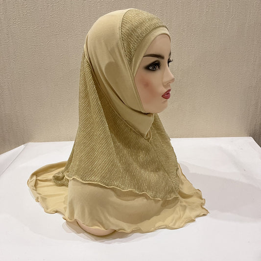 Malay Women's Crystal Ma Gold Silk Stitching Veil Hat Headscarf